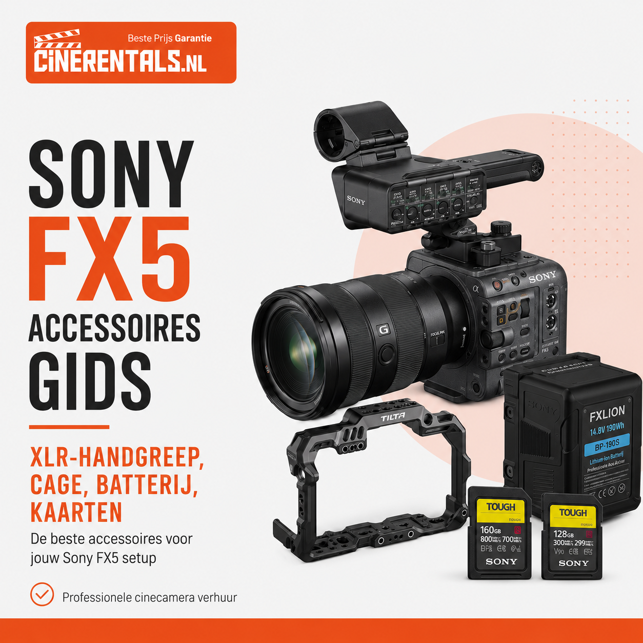 Sony FX5 Accessoires: XLR Handle, Cage, Accu en Kaarten